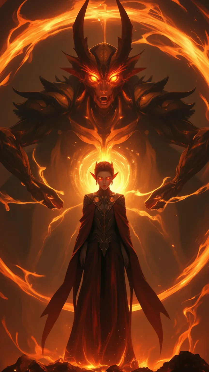 A majestic、Mysterious painting，Depicting a humanized elf surrounded by flames，towering painting，A mysterious anthropomorphic creature surrounded by flames，standing in the center of a swirl of flames，Burning red eyes，flickering naughty light