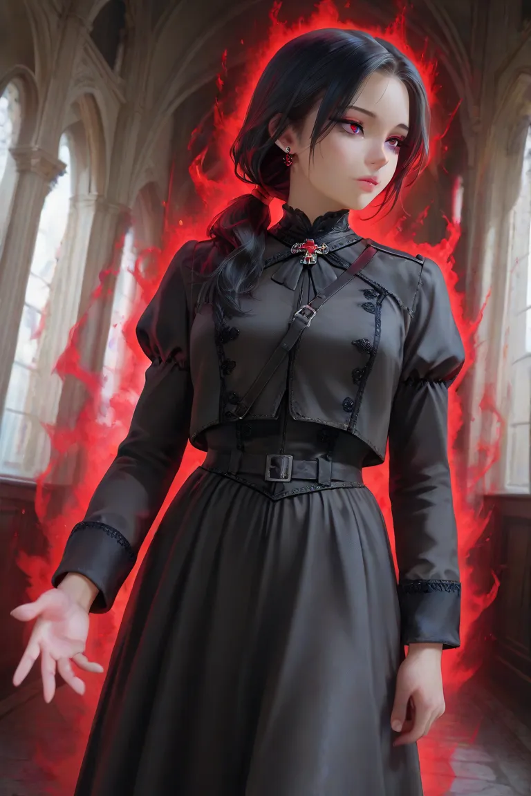 masterpiece, best quality, detailed eyes, 8k, girl, emotionless, black low ponytail hair, red eye, fantasy hallway, black medieval uniform with red accessories, nobility, red aura on her hand, calm