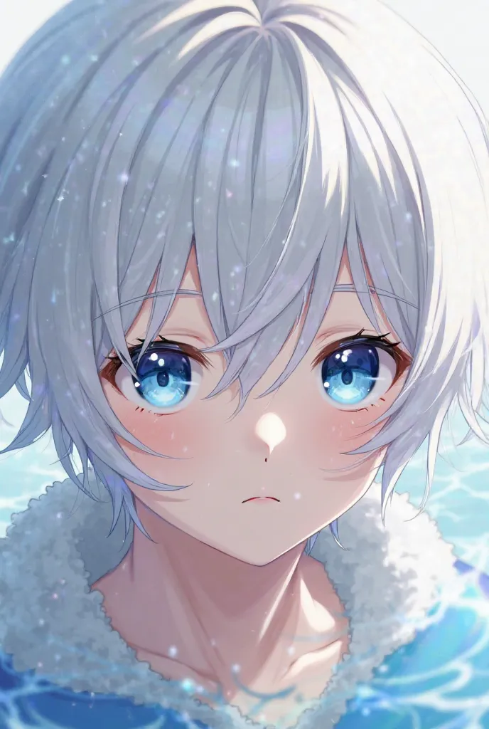 a boy,  with white hair, long hair,  straight hair, with bangs, beautiful, male face, bright blue eyes,  White Eyelashes ,  Japanese anime .