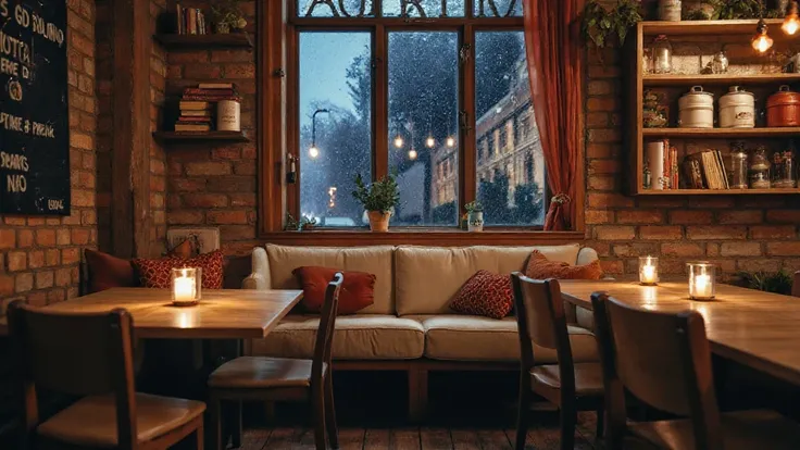 A cozy vintage café interior at night with warm ambient lighting. Wooden tables and chairs, a brick wall with rustic shelves filled with books, coffee jars, and small plants. A soft beige sofa with cushions in the corner, surrounded by candlelit tables. A ...