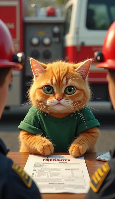 a fluffy orange fluffy anthropomorphic kitten with green eyes with a slightly dreamy terse facial expression. He is wearing a green t-shirt and black pants rolled up at the bottom, sitting in front a firefighter in a recruiting interview atmosphere. This c...