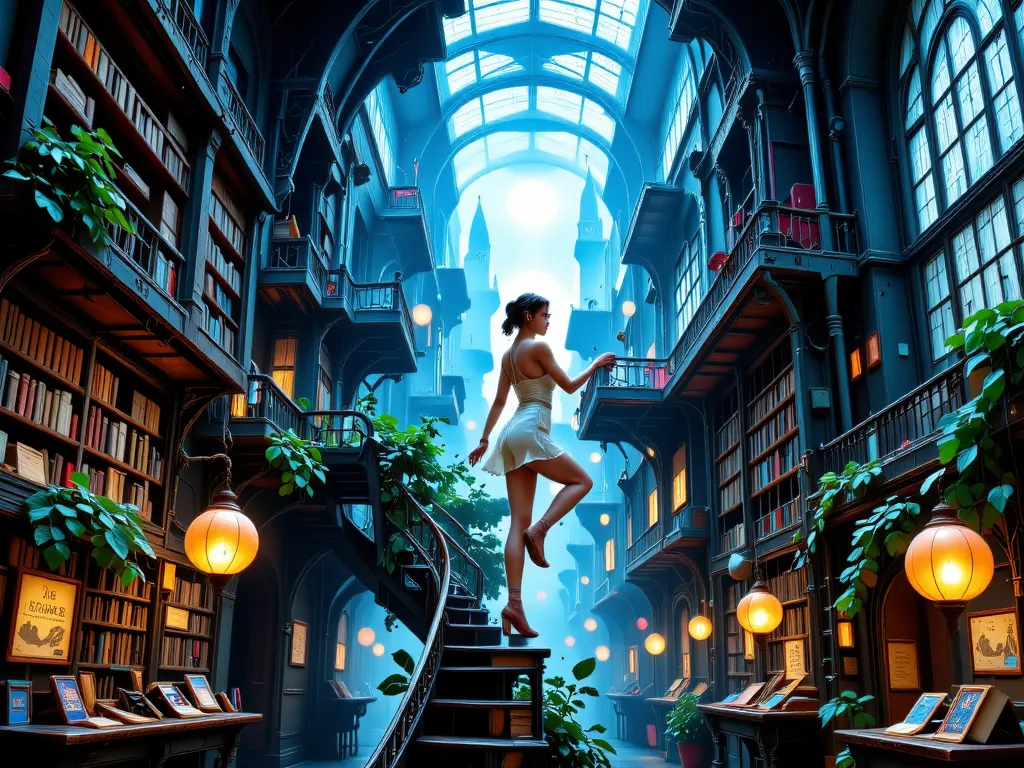 Woman climbing a library ladder,  Animated Background Art ,  lo-fi illustration style, Detailed Scenery , Retro anime picture , Detailed store information,   Tokyo Anime Scene 