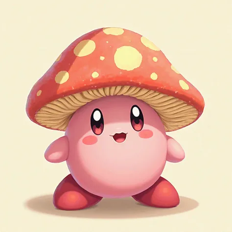 Drawing of Kirby wearing a mushroom cap 🍄