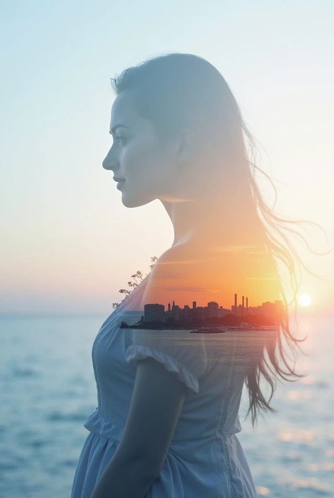  high quality，8K Ultra HD，美丽的 double exposure，combines the silhouette of a goddess with the sunset coast，The sunset coast should be used as the bottom background， background gradient light blue to white ， clear lines ，The background is solid color，Sharp fo...