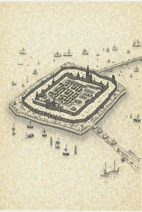 The image is a detailed drawing of a fortified settlement or city. The settlement is surrounded by high walls with multiple towers and gates. Inside the walls, there are various buildings and structures arranged in a planned layout. The settlement appears ...