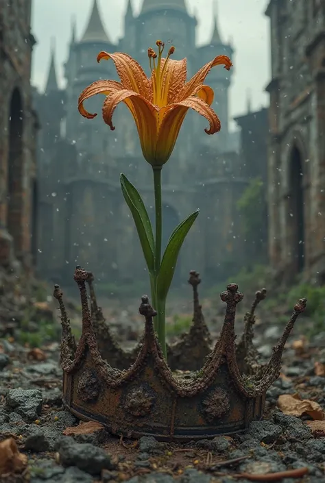 Una lirio marchito , In the midst of a rusty crown and in the background a destroyed castle 