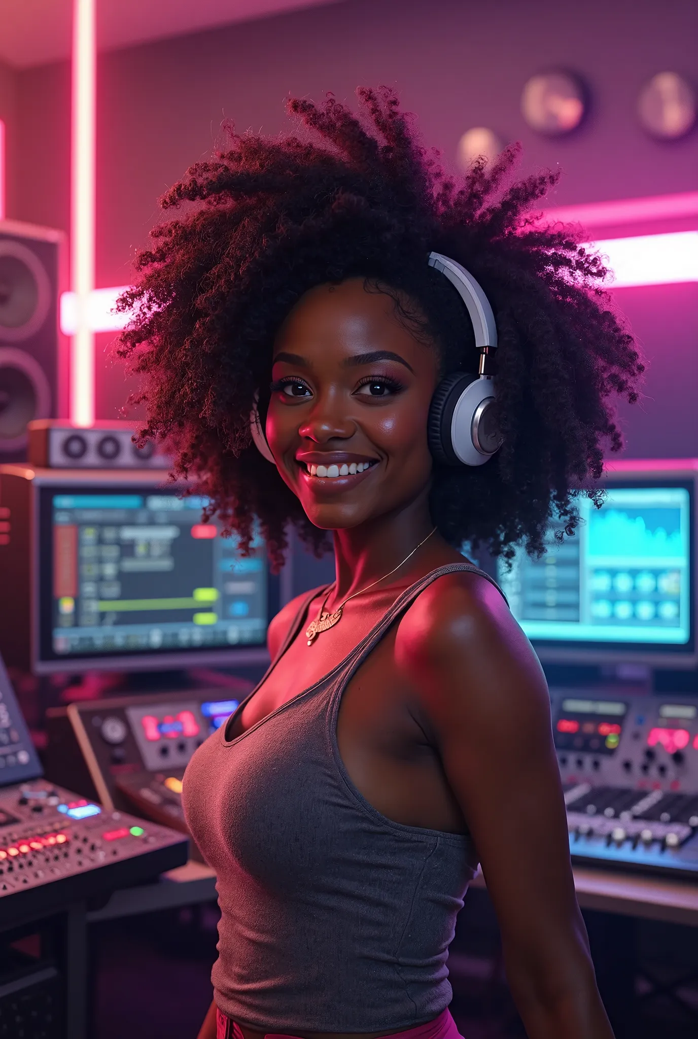 je veux une femme black leger avec des forme ronde souriante avec de grand cheveux afro friser et un casque de dj dans un studio d'enregistrement moderne high tech la nuit avec des lumières futuriste