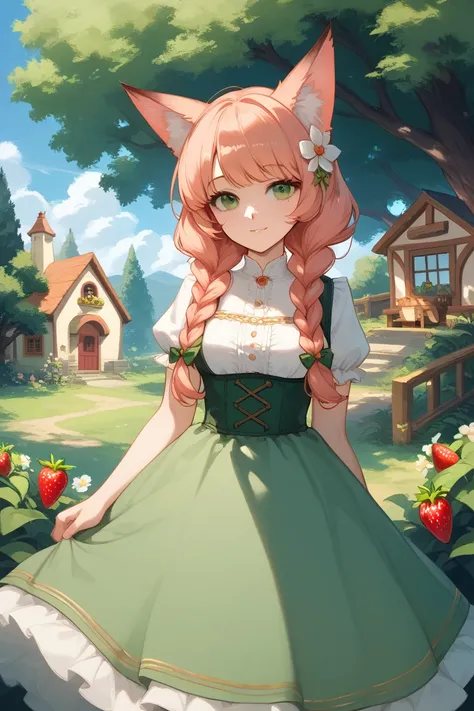 Anime fox girl, strawberry blond hair, braided long pigtails, cottage core aesthetic, freckles, cute cottage core outfits, green eyes