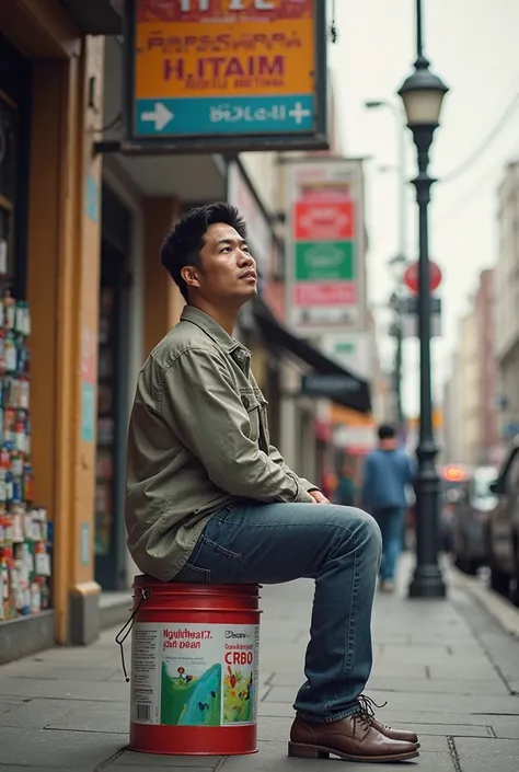 An Asian man is sitting on a paint bucket in front of a paint store and thinking