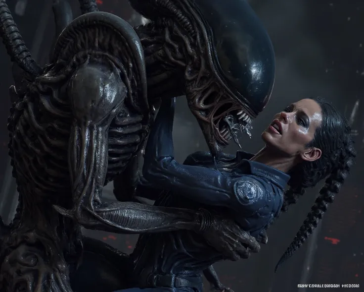 A female cop is eaten by a giant Xenomorph。
 she is screaming in so much pain。
Xenomorph is slurping her 。
実写風
tearsを流しながら助けを求めている
号泣，tears