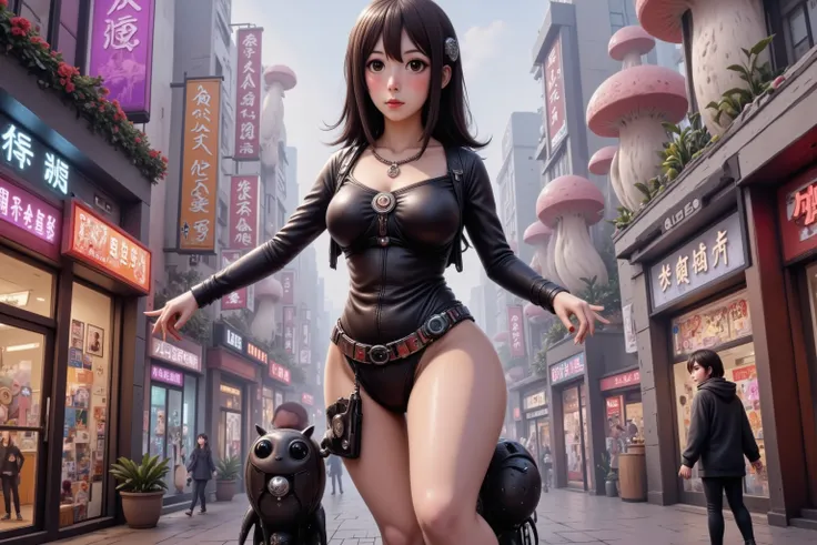 Woman (cute, chrome goggles, sexy outfit, saggy natural breasts huge, sexy black leather outfit, many blinking gadget accessories), flies hover bike through futuristic alien city (high technology blended with fungal structures)(Cyberpunk + mushroom fantasy...