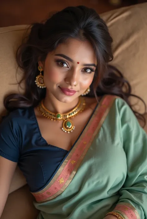 28 years old indian Queen,sexy,young,wearing navy blue blouse with lite green saree,the saree has deep peach stripes,gold jeweleries, earring,big indian native nose ring,gold small necklace, deep brown hair colour,tied hair,little small crown in head,layin...