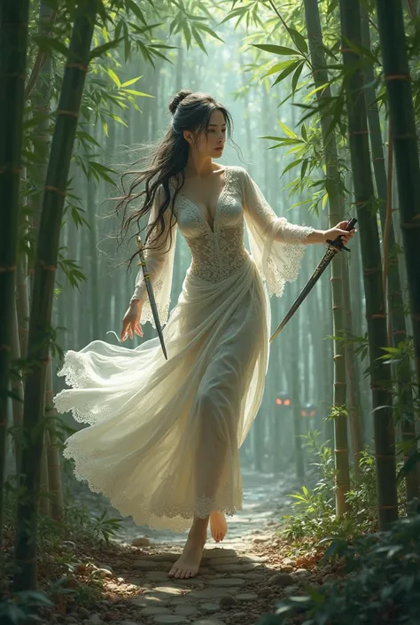 A fairy wearing a white silk five-finger sword stepping on bamboo and walking through the dense bamboo forest，There is also a pair of red eyes peeking at