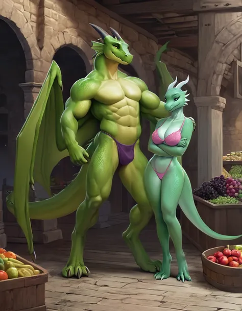 Male tall huge adult green dragon with wings and female green kobold,  Arrogant expression ,  Masterpiece , best art, whole body,  detailed eyes ,  detailed body , claws,  Tall,  pectoral muscles , press,  horns in aquamarine thongs, in a bra, powerful, sc...