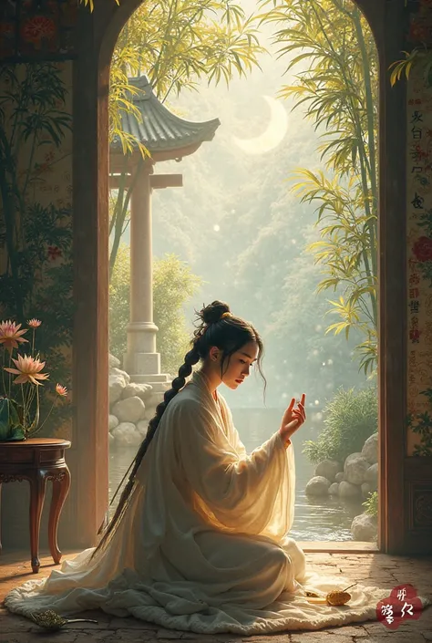 Sword Sui and Bamboo Shadow：
A young woman gently touching a sword tassel, with bamboo shadows flickering on rice paper. The scene is serene, with golden thread weaving through silver bamboo leaves. Soft light filters through the window, creating a tranqui...