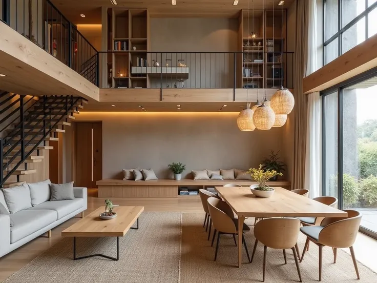 A serene and stylish Japandi-style home interior featuring a mezzanine level. The design blends Japanese minimalism with Scandinavian warmth, incorporating natural wood, clean lines, and a neutral color palette. The open-plan living area showcases a low-pr...