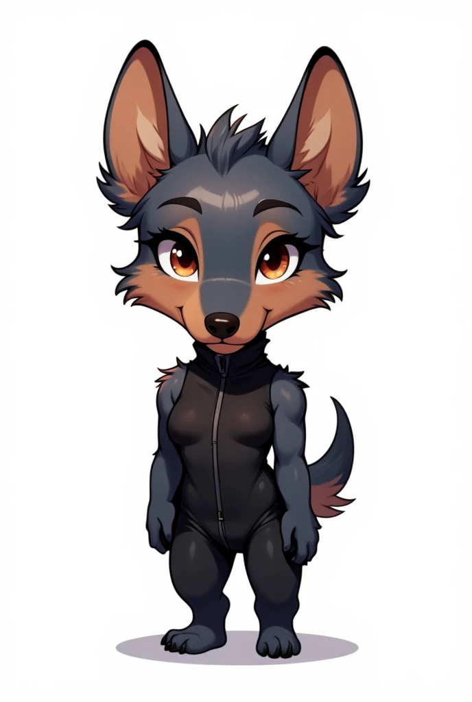 masterpiece, full body, chibi, stylized, white background, Score_9, Score_8_up, Score_7_up, Score_6_up, Score_5_up, masterpiece, a female furry dark silver Dobermann
dog with with big eyes using a black jumpsuit
