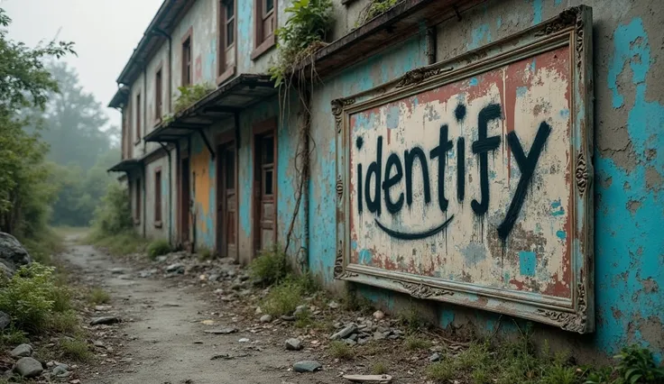  abandoned building, paintwork , a frame with graffiti "Identify"