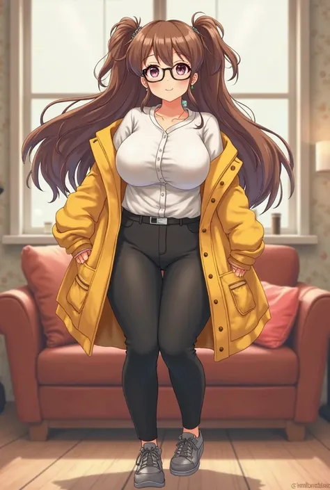 Cute nerdy girl obese anime Appearance[Long brown hair in pigtails, parts,  big breast,  light leather balcony, fat round body] Clothes[Red optical glasses,  white shirt, yellow coat,  black pants and shoes ]