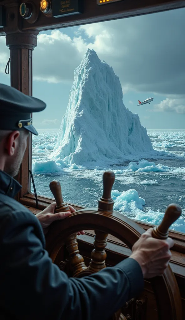 "Ultra-realistic 8K first-person perspective on the Titanic's bridge during the iceberg collision, hands gripping the polished wooden wheel and operating the telegraph controls, massive white iceberg looming ahead illuminated by the ship's lights, sharp me...