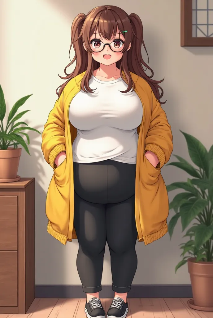 Cute nerdy girl obese anime Appearance[Long brown hair in pigtails, parts,  big breast,  light leather balcony, fat round body] Clothes[Red optical glasses,  white shirt, yellow coat,  black pants and shoes ]