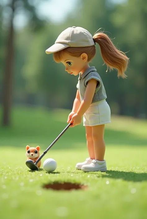 everything is a doll, "A young female golfer wearing a short white skirt and a sporty top, carefully putting a golf ball towards the hole. The ball is rolling slowly, heading toward the hole, where a small squirrel or mouse is peeking out, curiously watchi...