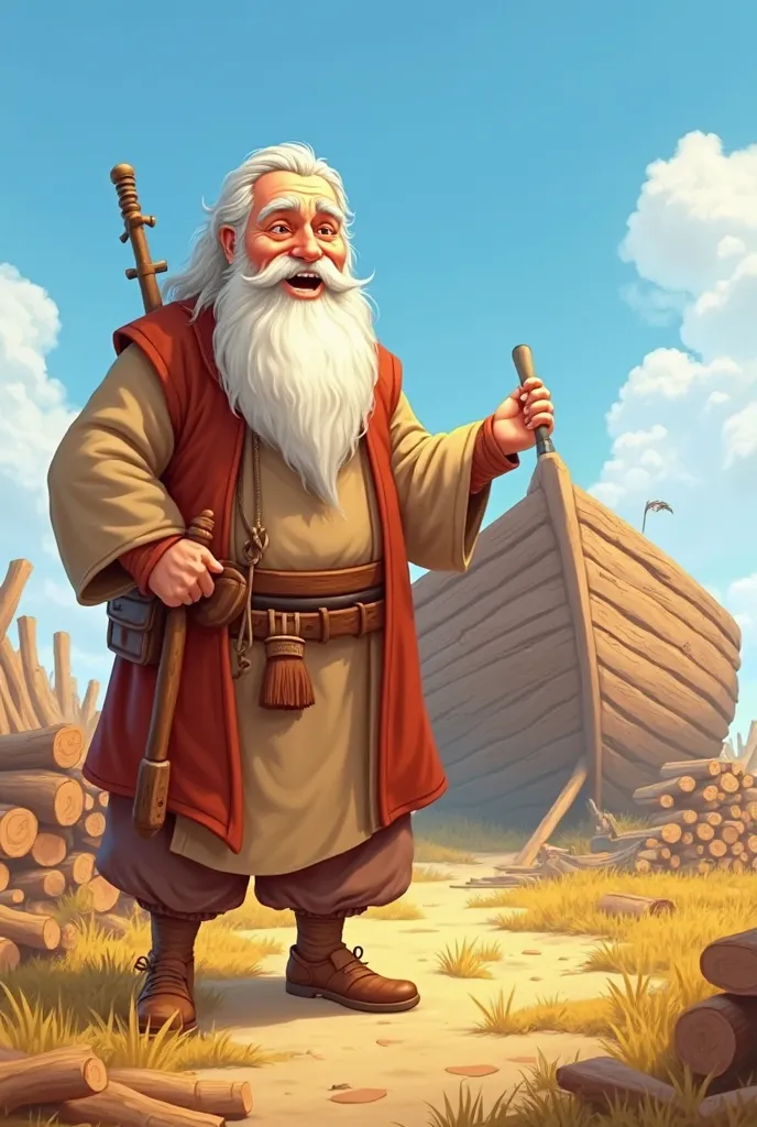  *"A cheerful old man with a long beard, wearing simple robes, building a large wooden ark in a sunny field, surrounded by piles of wood and tools, with a clear blue sky in the background, ren's book illustration style, bright colors, friendly and warm atm...