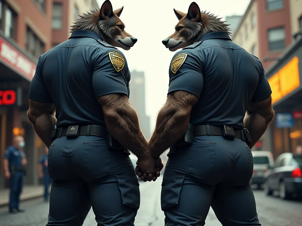 Two fat werewolf male police officers in uniform, with massive butts, tight pants,  curvy butts, and very fat