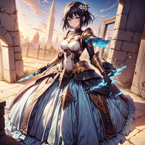 (((Best quality, Ultra high resolution, High quality, Precise CG unification, Extremely detailed game CG, Masterpiece))), ((light blue short hair, detailed blue eyes, dress armor,)), Solo, Woman, whole body, front view,