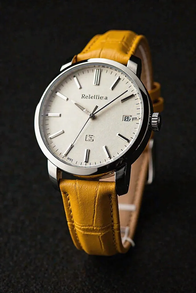 Design a luxury automatic watch with a yellow leather bracelet