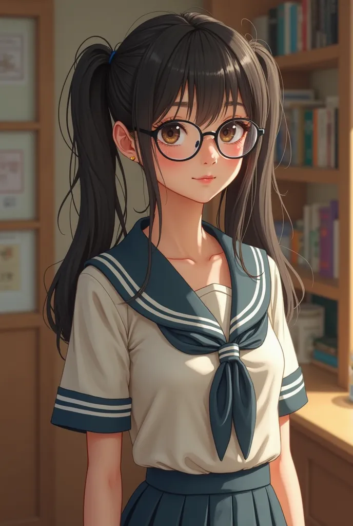 Highly realistic 8k photos,  wearing school uniform, big glasses, Asian girl , cute lady, twintail hair big breasts, 
, at home