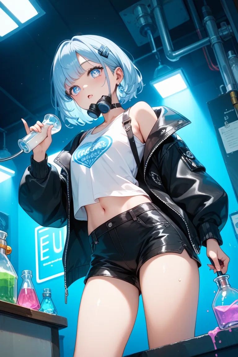 fluorescent light blue hair。Girls around 18 years old。bright blue fluorescent eyes。  Doesn't fit in 。composition looking up from below。Gas mask。the inside is made of shiny black leather。with my belly button sticking out。I'm wearing a jacket。 shoulders stic...