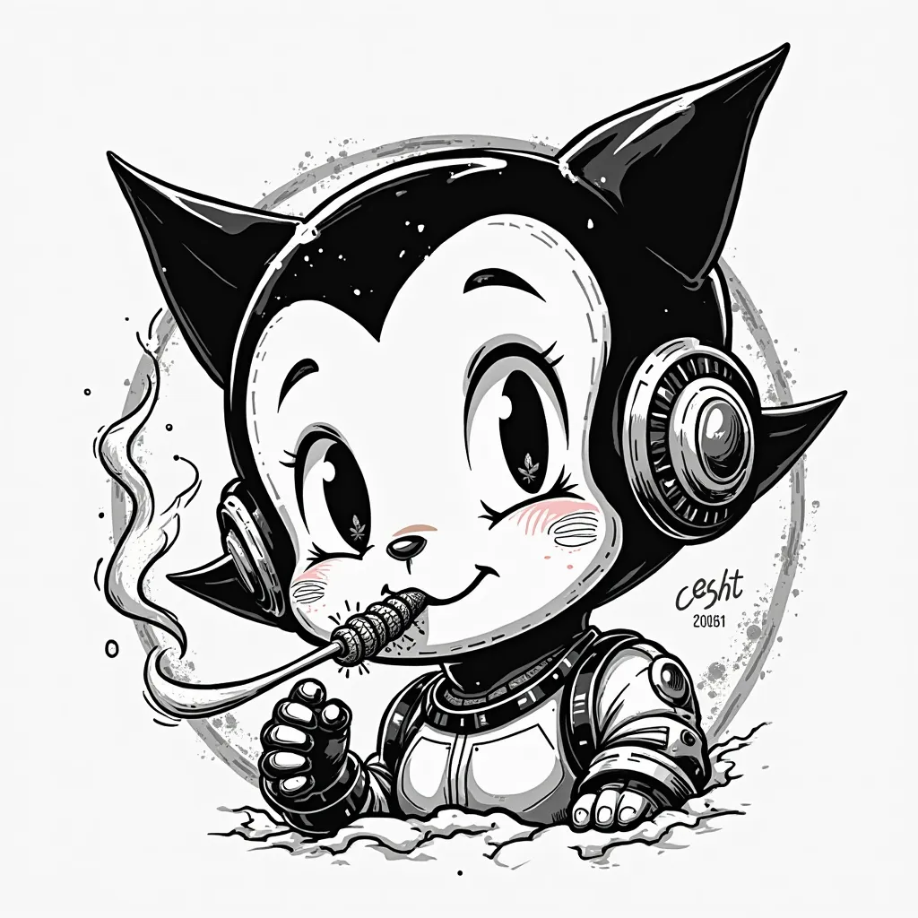 astroboy smoking weed in a 2d style, Very simple where only Astroboy's face can be seen, Make it traditional tattoo style, only black and white, stencil type