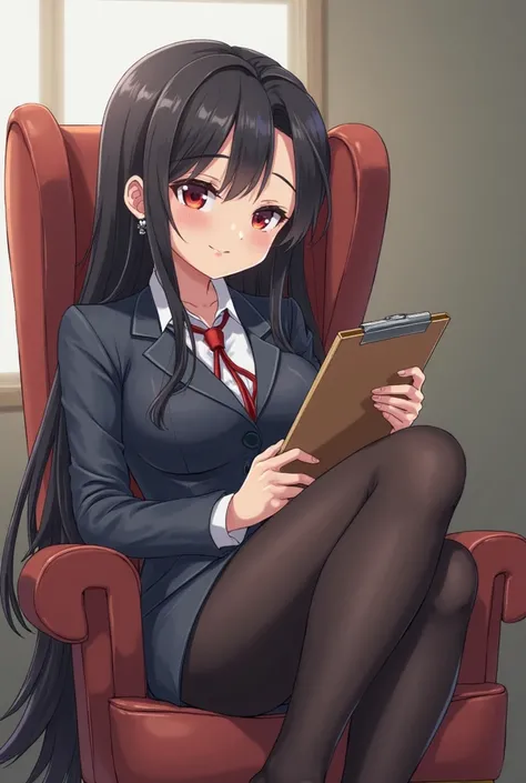 Long haired tired girl in office attire, suit skirt, long black hair, leg stockings, pretty, cute, attractive girl, sitting with leg crossed on chair, holding clipboard, anime semi realistic style, leg stockings, laying back in chair, small smirk, tired lo...