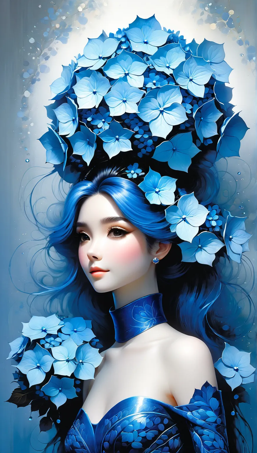 (Realistic), Masterpiece, top quality, (Close up front upper body shot of a 20yo blue hydrangea haired blue hydrangea Princess:1.33), (wearing a Tightly fitted Turtleneck dress made of blue hydrangea of various shapes and sizes:1.37), (hair ornaments that ...