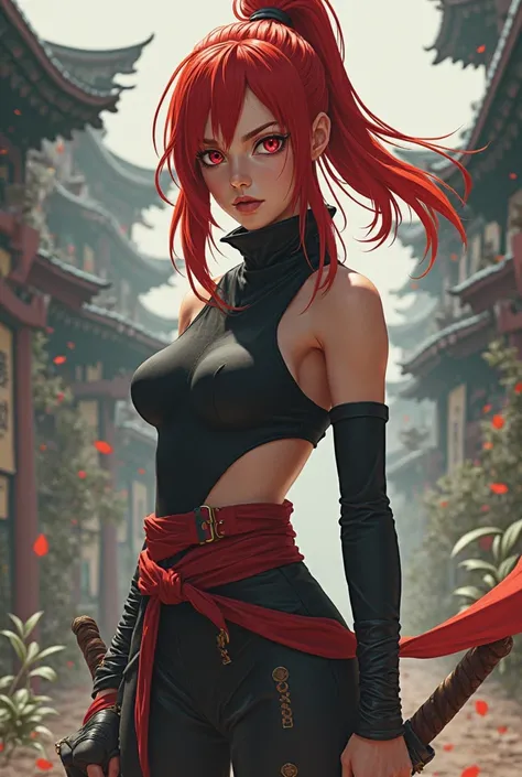  Redheaded Girl, ninja like in the Naruto series,  red eyes, white, slim with a shaped body but not so much, cute and pretty face 