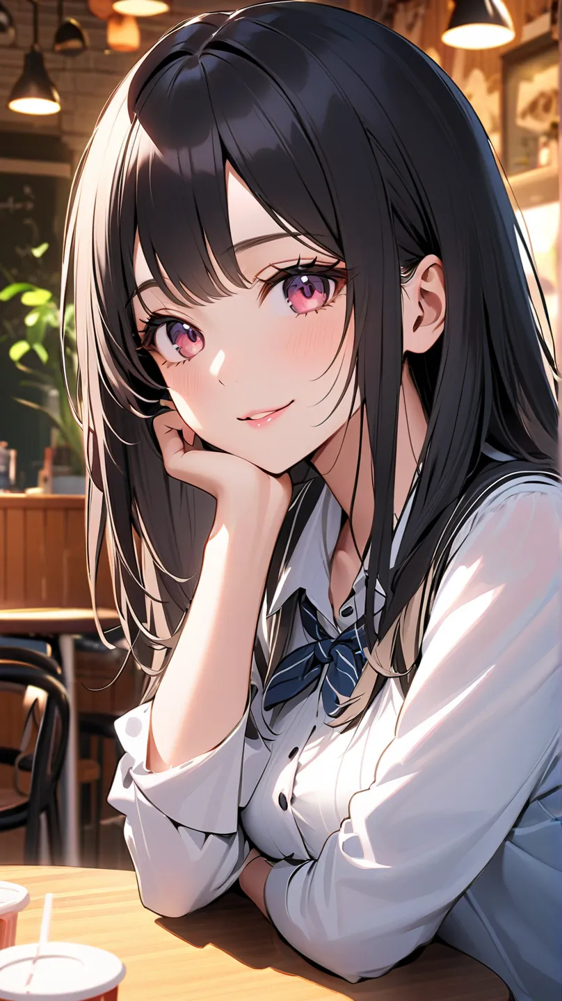 High Quality:1.3,8k:1.3,Ultra fine, ANIMATED,high definition:1.3,professional,The emo of youth:1.3,Long supple black hair neatly arranged,bangs,((She gets alone with me on an after-school cafe date and sits next to me on the couch:1.2)),portrait, ((5th cut...