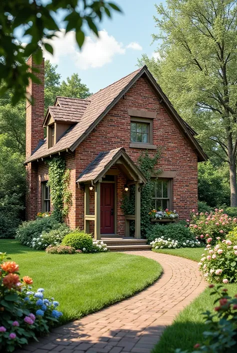 One-story brick house with garden
