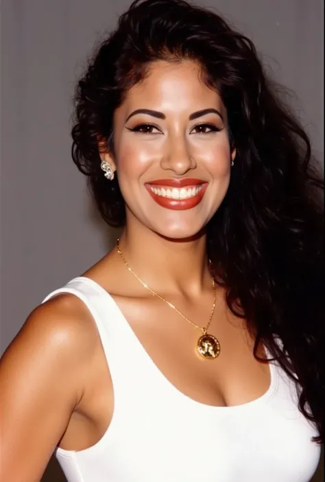 a woman with long curly hair smiling and wearing a white top, selena quintanilla perez, Looks like Laura Barriales, moon, Alanis Guillen, Marischa Becker, lorena avarez, beautiful and smiling,  profile picture, beautiful latina face, ,  beautiful Mexican w...