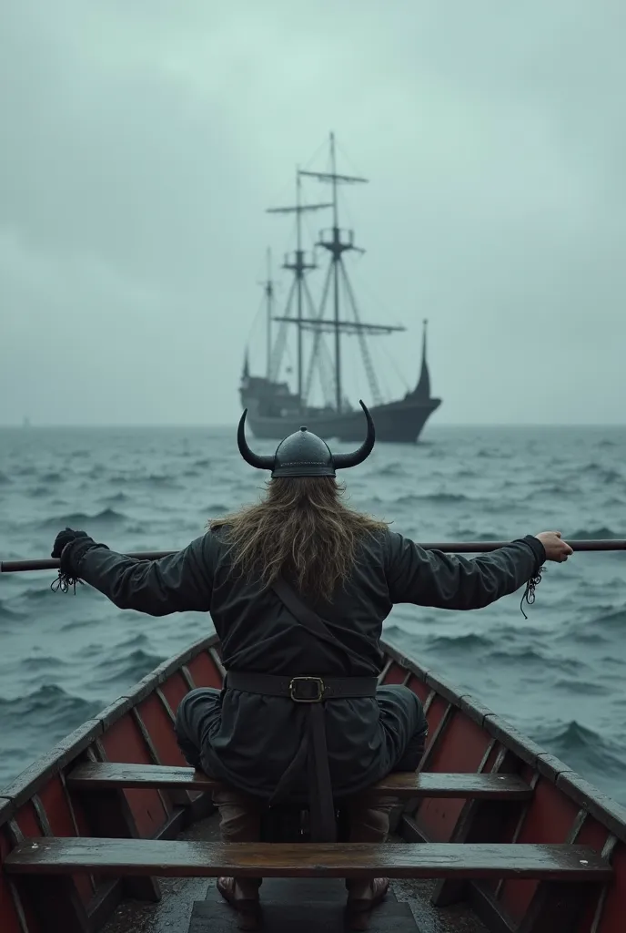 A Viking sits on a rowing bench, with his arms outstretched and his hands holding the oar. The sight of the turbulent water ahead, with the gray sky and the strong wind hitting your face. The reflection of the ship and the horizon line blurred by the fog.