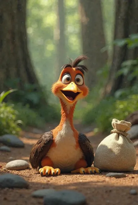 image depicts an animated bird character in a forest setting. The bird has a distinctive appearance with large, expressive eyes and a somewhat comical expression. It is sitting on the ground, surrounded by smooth stones, with a cloth bag beside it. The bac...