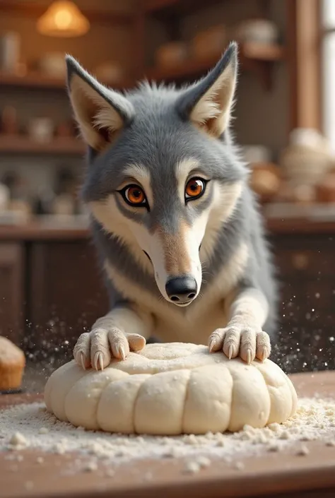 In a bakery, a wolf is dipping two legs into a white dough 