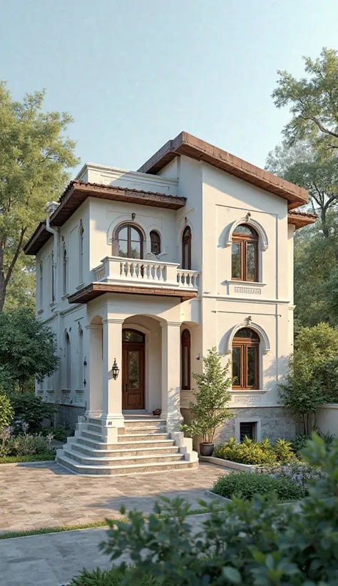 Retired army officer's villa in Cantonment area, Pune, India. Sloping roof. Chic and elegant. Simple but elegant. Indian. Isometric view. White and brown combination. 