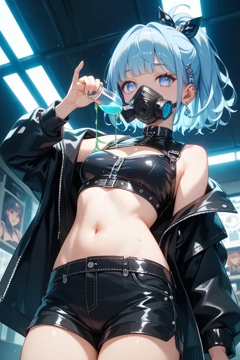 fluorescent light blue hair。Girls around 18 years old。bright blue fluorescent eyes。  Doesn't fit in 。composition looking up from below。Gas mask。the inside is made of shiny black leather。with my belly button sticking out。I'm wearing a jacket。 shoulders stic...