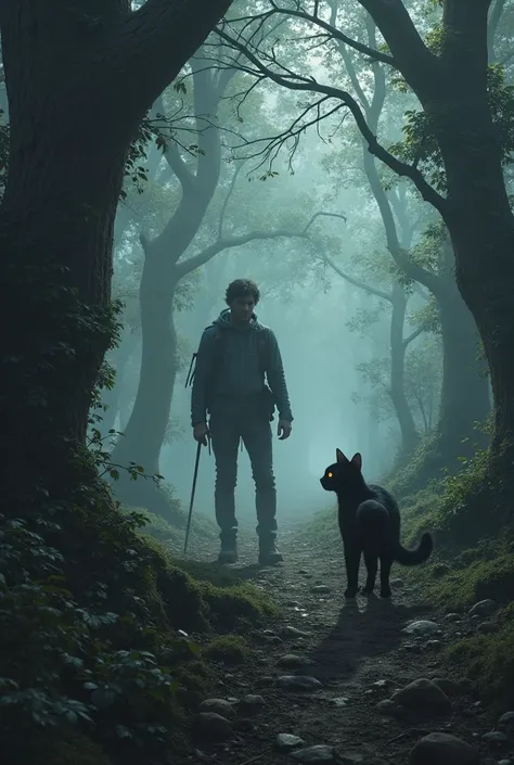 Leon follows the cat through a dark,  mysterious forest . Clouds of fog pass through the air, and old trees with gnarled branches surround the two.