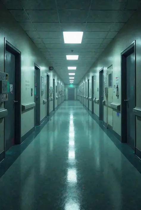 The first floor of a closed, dark, clean hospital with wide gaps between doors and no end in sight