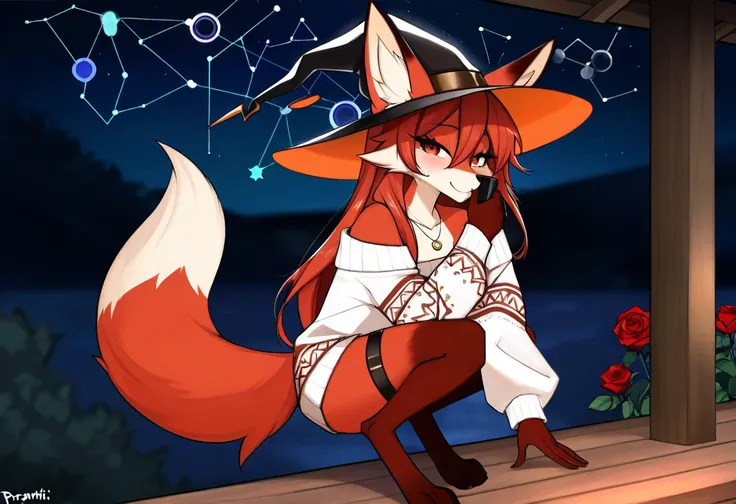 Prsmrti art style, fox, furry, anthro, female, cute, hot, sexy, Best Quality, masterpiece, fluffy fox tail, eyelashes, red fur, soft paw pads, long unkept hair, beautiful hair, pointy ears with white inner ear fluff, ((digitigrade)), detailed eyes, looking...