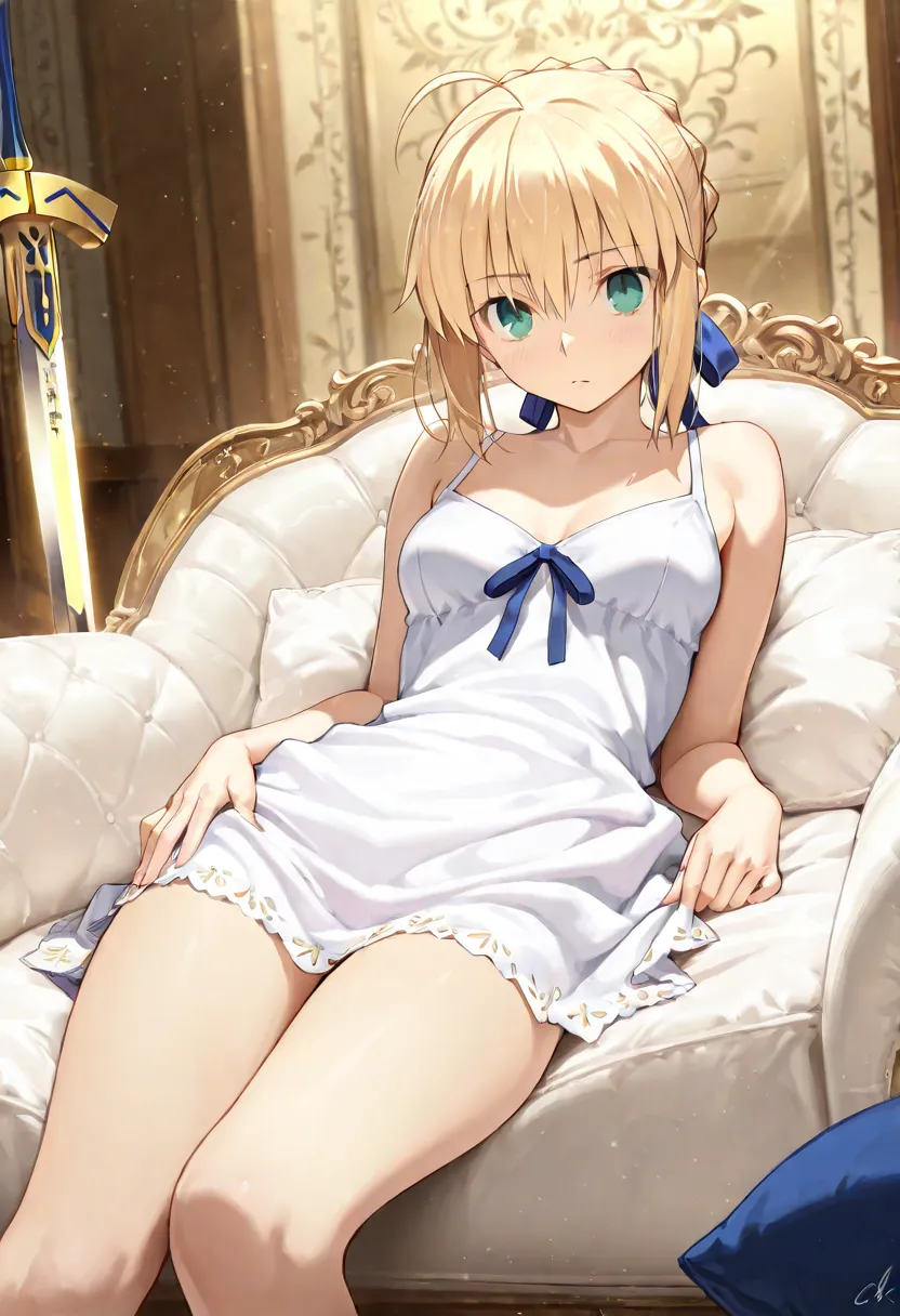 masterpiece,amazing quality,best quality,ultra-detailed,8k,illustration,CG, Please tell me about 1 beautiful girl , 1girl , Saber by Fate,reclining,Legendary Excalibur