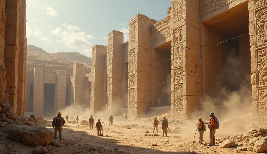 Excavation site of Gobekli Tepe, showing large stone pillars with detailed carvings, realistic excavation tools and dust effects