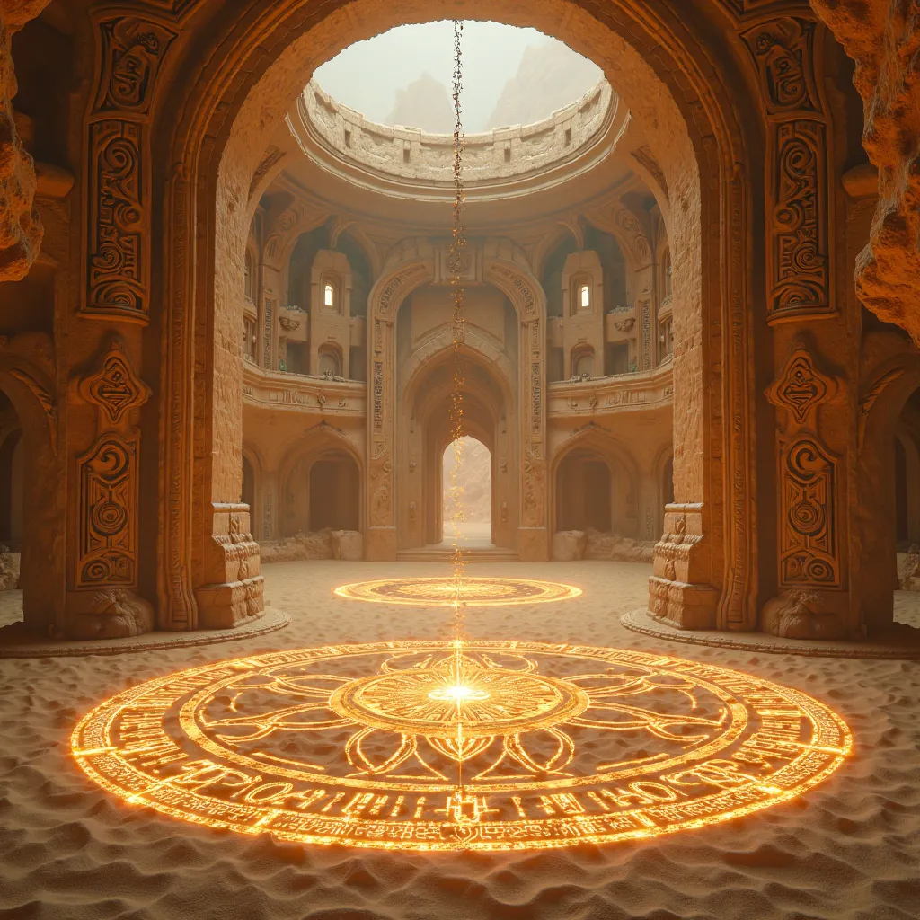 An interior of a desert fort forged with technomagic to withstand high temperatures with a floor covered with powerful energy and glowing veins in the sand with runes